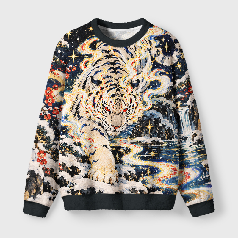 Tokyo-Tiger Snow Mountain White Tiger Fuzzy Christmas Ugly Sweatshirt