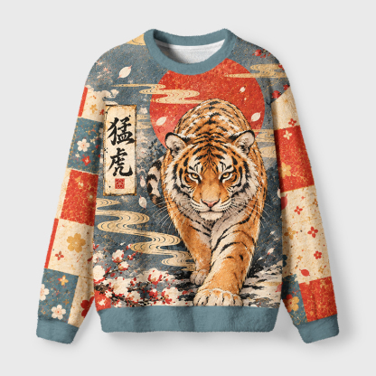 Tokyo-Tiger Vintage Mighty Tiger Fuzzy Christmas Ugly Sweatshirt