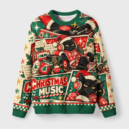 Tokyo-Tiger Christmas Music Black Cat Fuzzy Christmas Ugly Sweatshirt