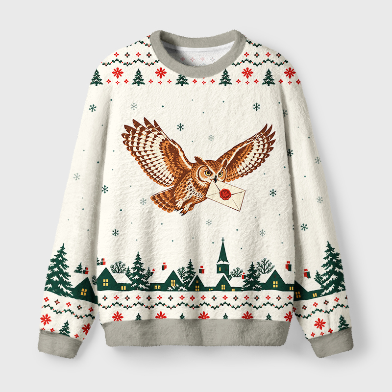 Tokyo-Tiger Winter Owl Carry Holiday Letter Fuzzy Christmas Ugly Sweatshirt