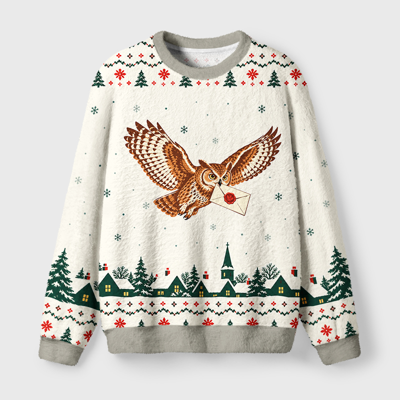 Tokyo-Tiger Winter Owl Carry Holiday Letter Fuzzy Christmas Ugly Sweatshirt Sale