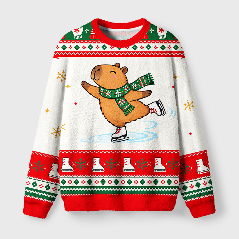 Tokyo-Tiger Funny Ice Skating Capybara Fuzzy Christmas Ugly Sweatshirt