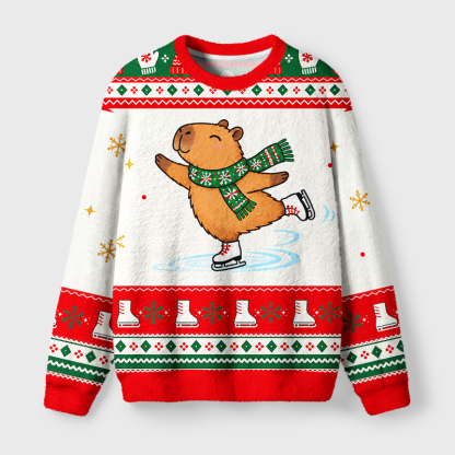 Tokyo-Tiger Funny Ice Skating Capybara Fuzzy Christmas Ugly Sweatshirt