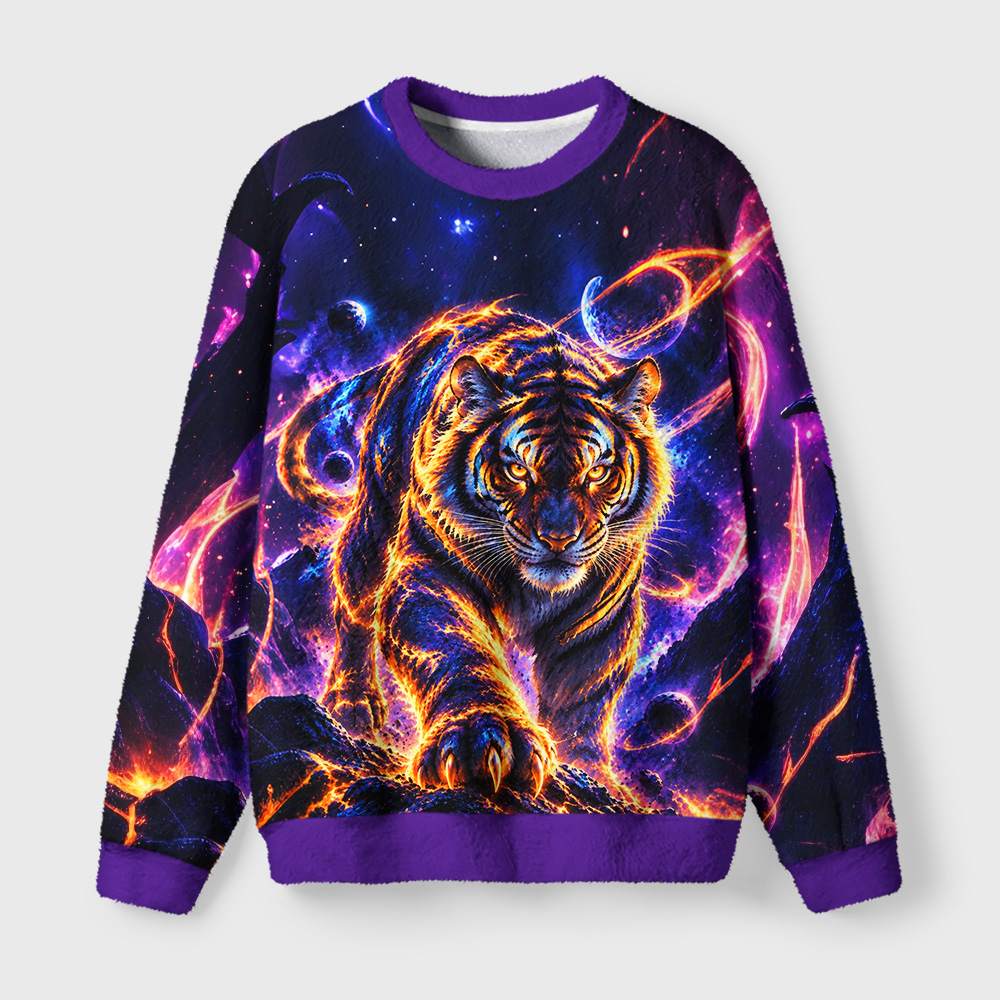 Tokyo-Tiger Cosmic Galaxy Cool Tiger Fuzzy Christmas Ugly Sweatshirt