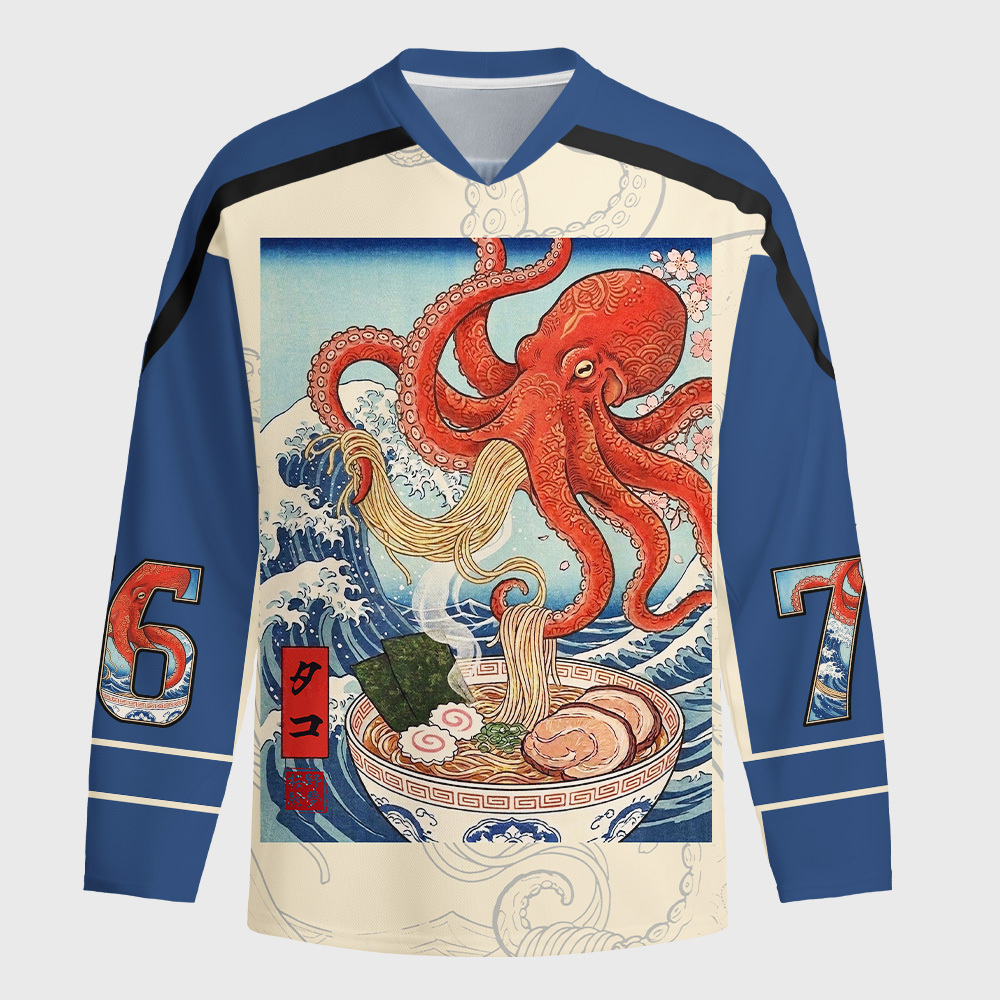 Tokyo-Tiger Octopus Ramen Kanagawa Waves Long-Sleeve Hockey Jersey