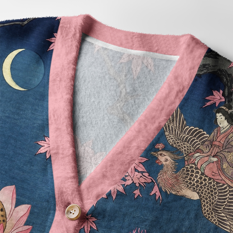 Tokyo-Tiger Oriental Ukiyo Art Animal & Lotus Ugly Cardigan Sweater