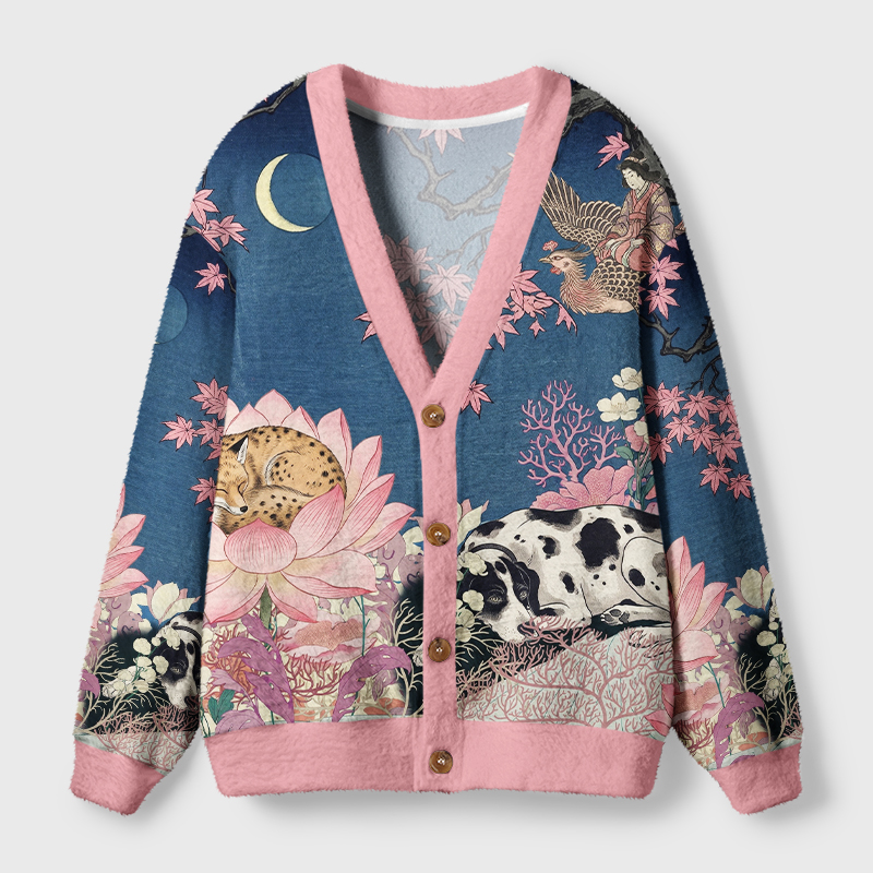 Tokyo-Tiger Oriental Ukiyo Art Animal & Lotus Ugly Cardigan Sweater