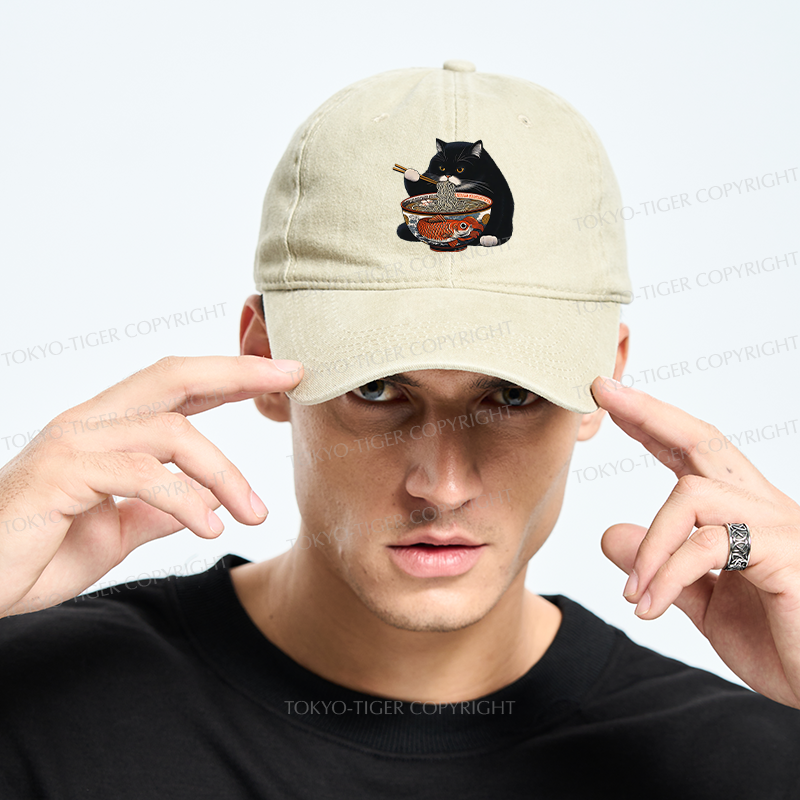 Tokyo-Tiger Fat Cat Eating Ramen Washed Cap