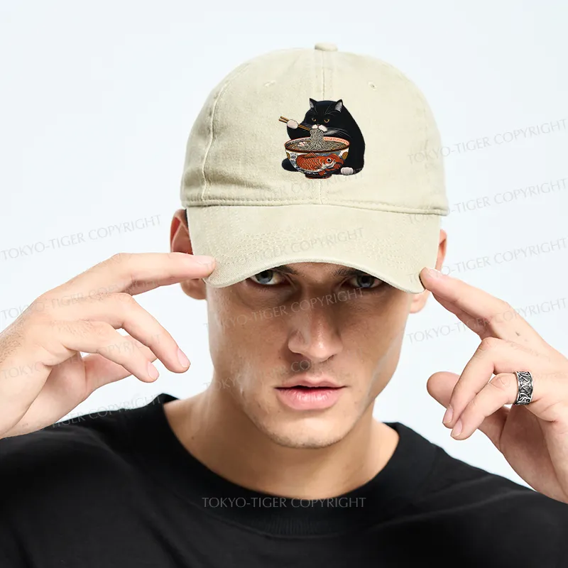 Tokyo-Tiger Fat Cat Eating Ramen Washed Cap