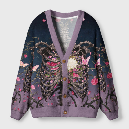 Tokyo-Tiger Skeleton Ribcage Rose Butterfly Ugly Cardigan Sweater