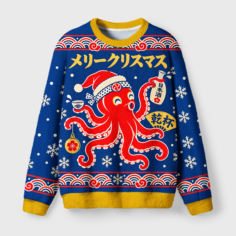 Tokyo-Tiger Festive Octopus Drink Vibe Fuzzy Christmas Ugly Sweatshirt