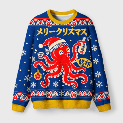 Tokyo-Tiger Festive Octopus Drink Vibe Fuzzy Christmas Ugly Sweatshirt