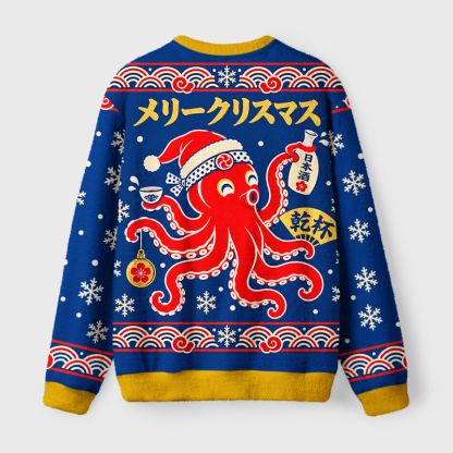 Tokyo-Tiger Festive Octopus Drink Vibe Fuzzy Christmas Ugly Sweatshirt