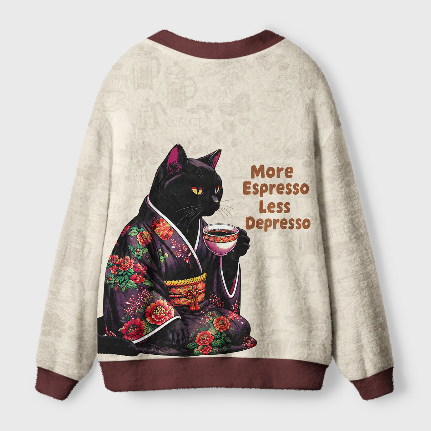 Tokyo-Tiger More Espresso Less Depresso Black Cat Ugly Cardigan Sweater