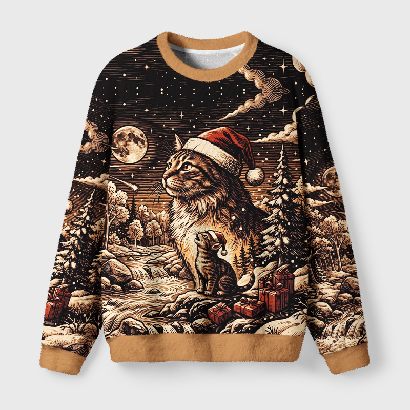 Tokyo-Tiger Moonlit Christmas Cat Dreams Fuzzy Christmas Ugly Sweatshirt