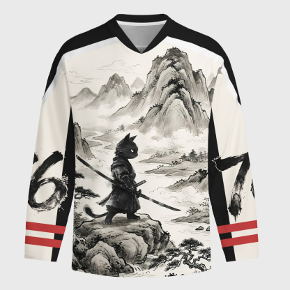 Tokyo-Tiger Samurai Cat Mountains Long-Sleeve Hockey Jersey