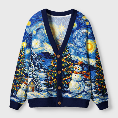 Tokyo-Tiger Starry Christmas Night Snowman Ugly Cardigan Sweater