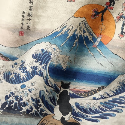 Tokyo-Tiger Cat Looking At The Great Wave Fuzzy Beanie