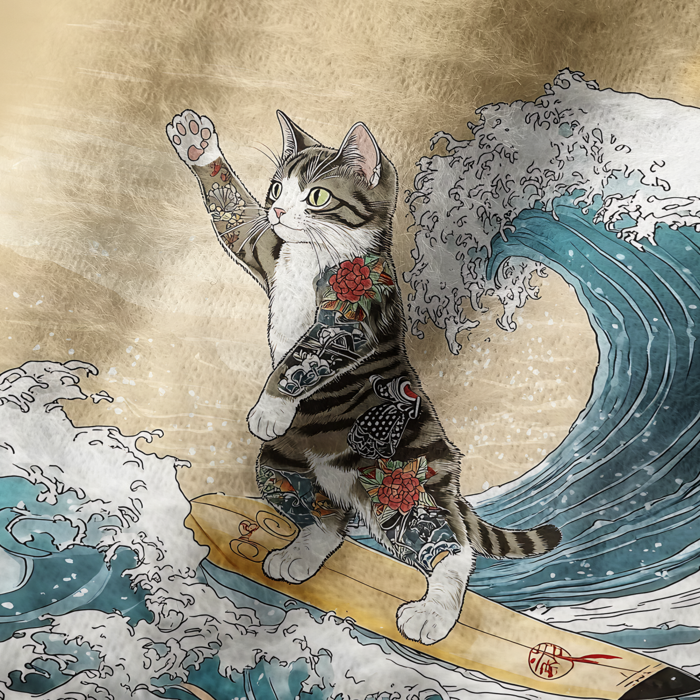 Tokyo-Tiger Cat Surfing Fuzzy Beanie