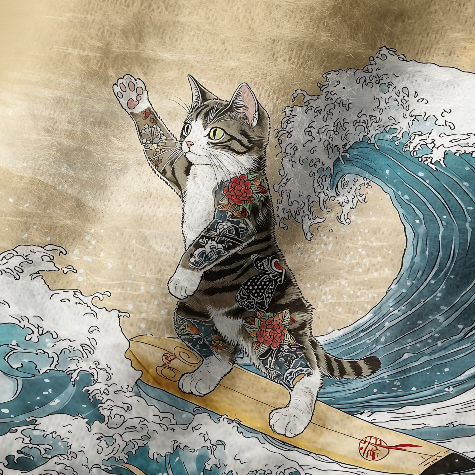 Tokyo-Tiger Cat Surfing Fuzzy Beanie