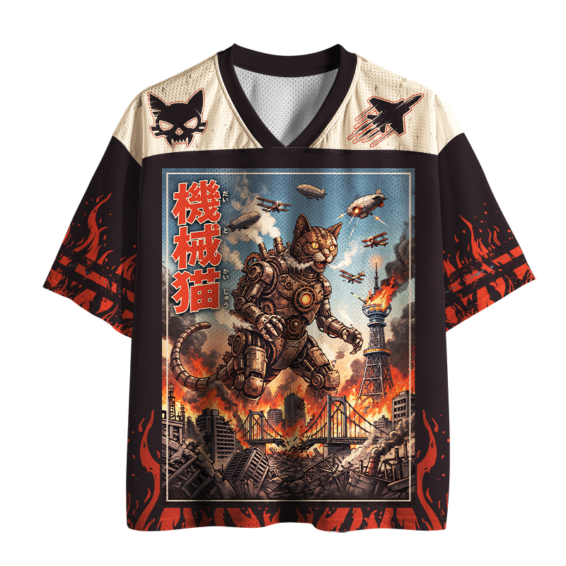Tokyo-Tiger Retro Steampunk Mecha Cat Monster Graphic Mesh Mesh Jersey