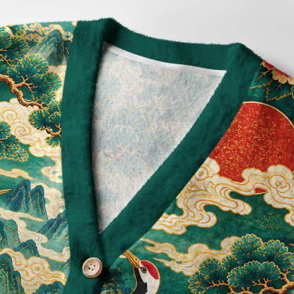Tokyo-Tiger Vintage Oriental Red-crowned Crane Peony Ugly Cardigan Sweater