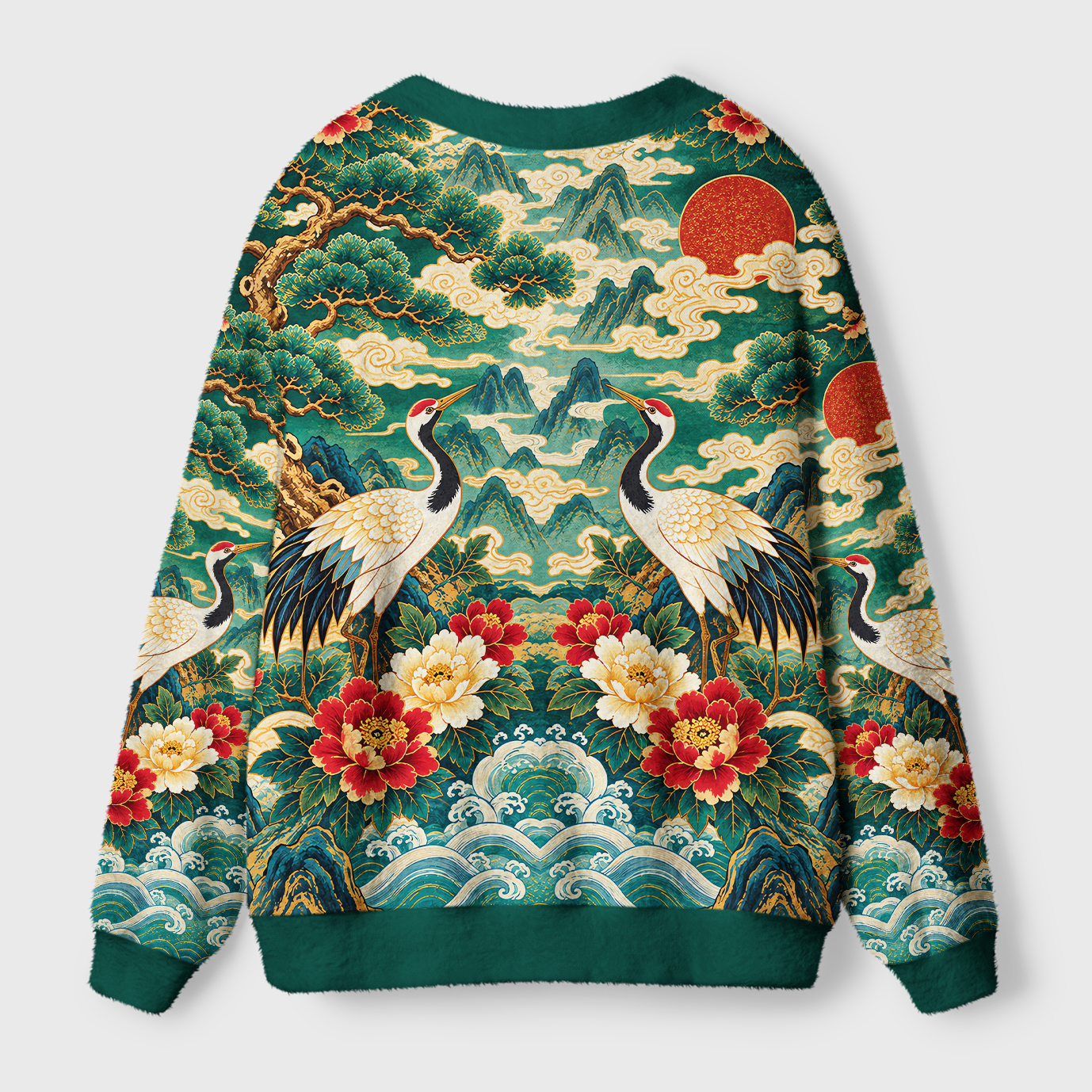 Tokyo-Tiger Vintage Oriental Red-crowned Crane Peony Ugly Cardigan Sweater