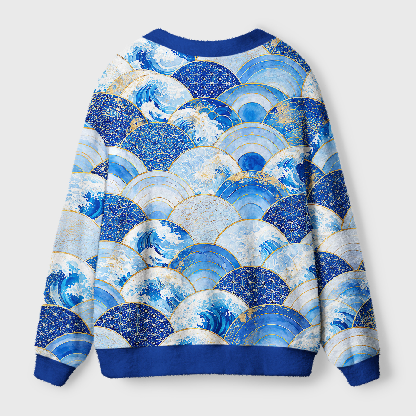 Tokyo-Tiger Ocean Waves In Blue Harmony Ugly Cardigan Sweater