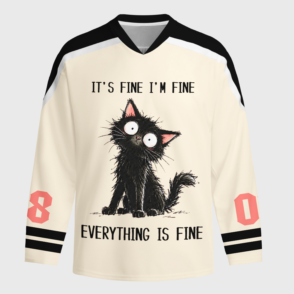 Tokyo-Tiger It's Fine Black Cat Meme Long-Sleeve Hockey Jersey