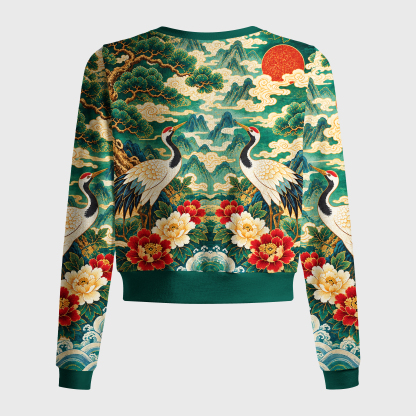 Tokyo-Tiger Vintage Oriental Red-crowned Crane Peony Women's Lightweight Cardigan