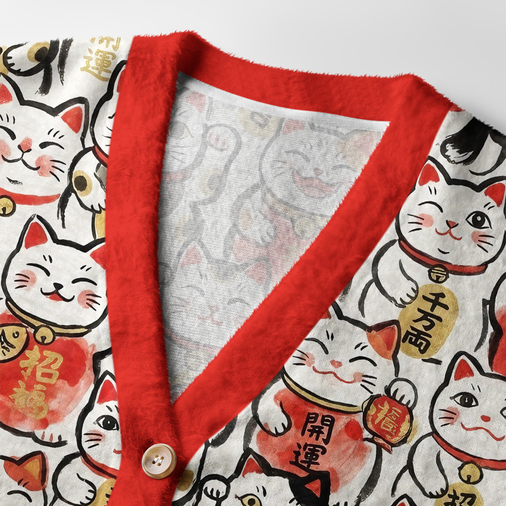 Tokyo-Tiger Maneki Neko Fullprint Ugly Cardigan Sweater