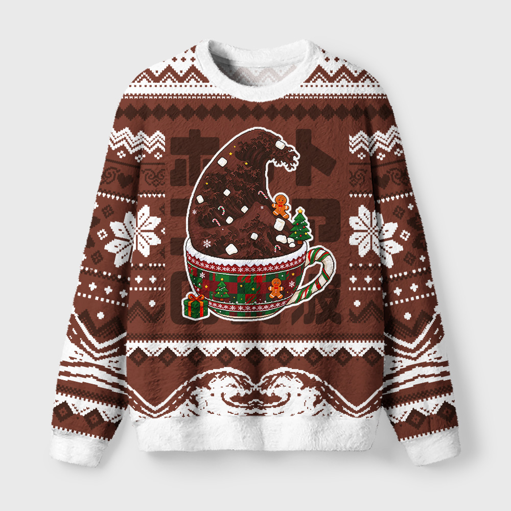 Tokyo-Tiger Cocoa Wave Christmas Fuzzy Christmas Ugly Sweatshirt