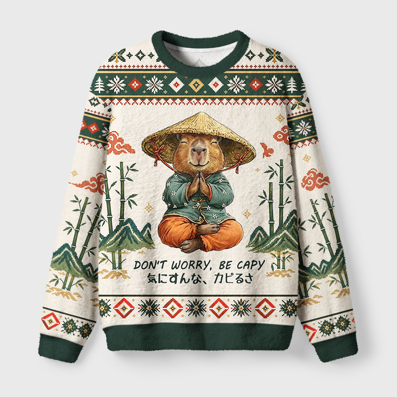 Tokyo-Tiger Zen Capybara Funny Meme Fuzzy Christmas Ugly Sweatshirt