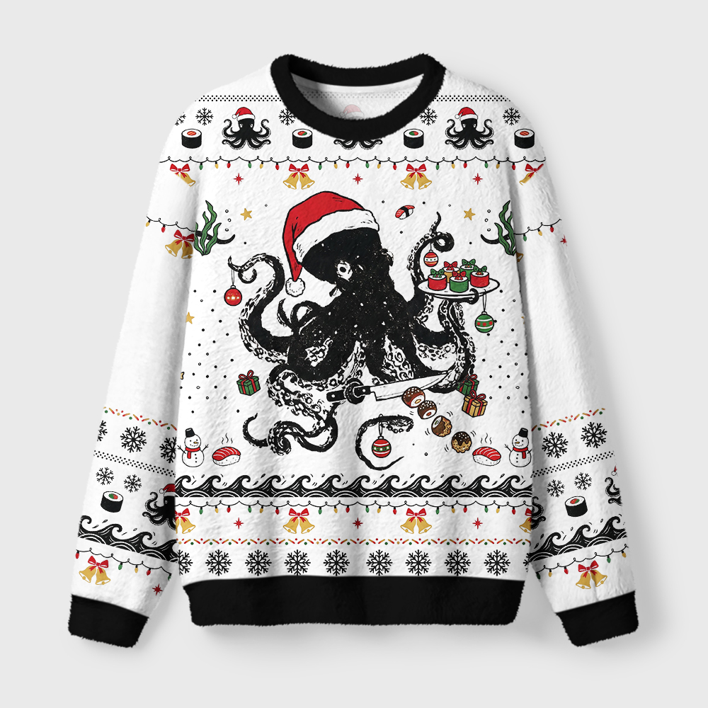 Tokyo-Tiger Octopus Making Sushi Funny Meme Fuzzy Christmas Ugly Sweatshirt