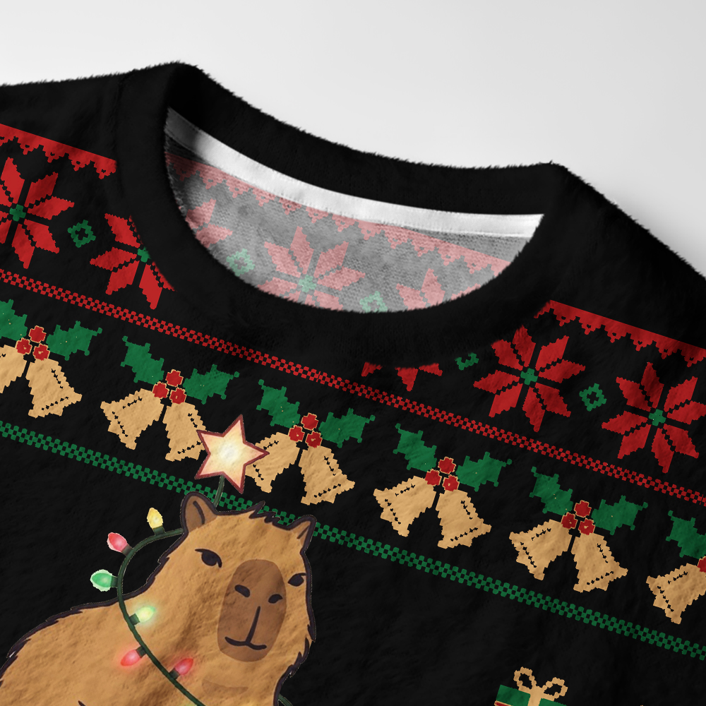 Tokyo-Tiger Chill Stack Capybara Meme Fuzzy Christmas Ugly Sweatshirt