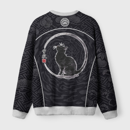 Tokyo-Tiger Zen Black Cat Fuzzy Christmas Ugly Sweatshirt