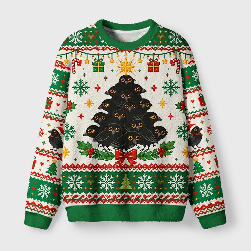 Tokyo-Tiger Crow Stacked Christmas Tree Fuzzy Christmas Ugly Sweatshirt