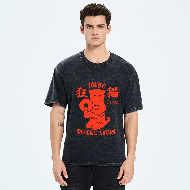 Tokyo-Tiger Wild Cat Vinyl Art Washed T-Shirt