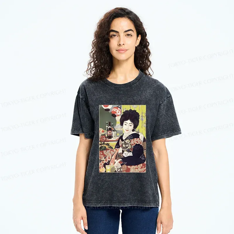 Tokyo-Tiger Geisha Drinking Beer Washed T-Shirt