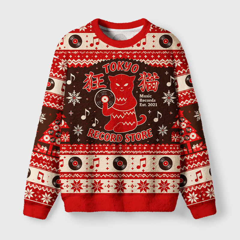 Tokyo-Tiger Retro Vinyl Record Cat Fuzzy Christmas Ugly Sweatshirt