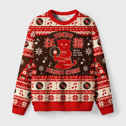 Tokyo-Tiger Retro Vinyl Record Cat Fuzzy Christmas Ugly Sweatshirt