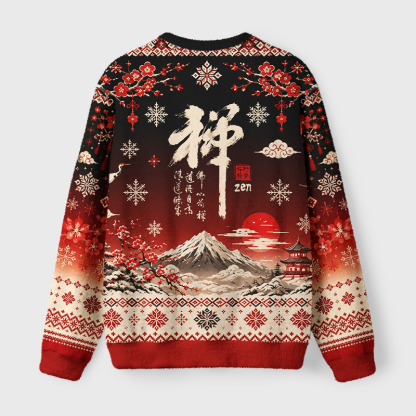 Tokyo-Tiger Plum Blossom&Zen Fuji Mountain Japanese Fuzzy Christmas Ugly Sweatshirt