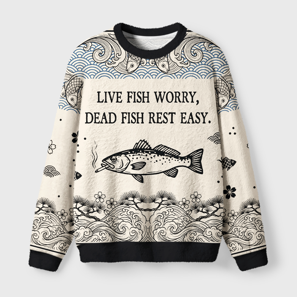 Tokyo-Tiger Smoking Fish Fuzzy Christmas Ugly Sweatshirt