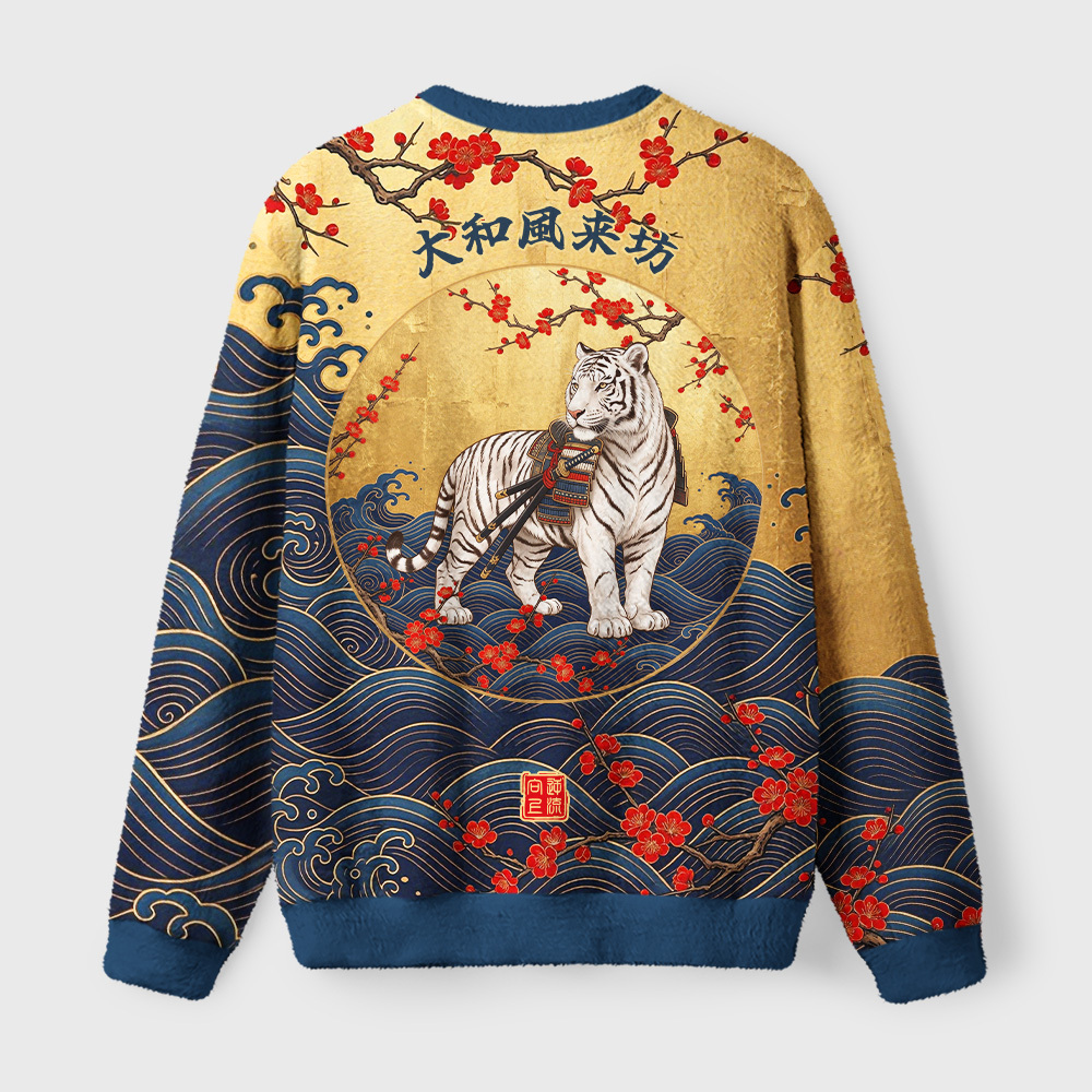 Tokyo-Tiger Wave Ronin Tiger Fuzzy Christmas Ugly Sweatshirt