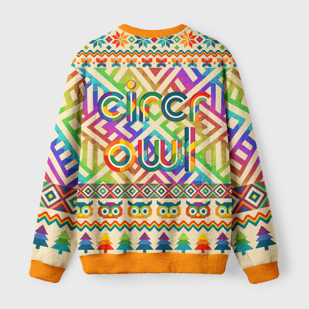 Tokyo-Tiger Rainbow Folk Owl Fuzzy Christmas Ugly Sweatshirt