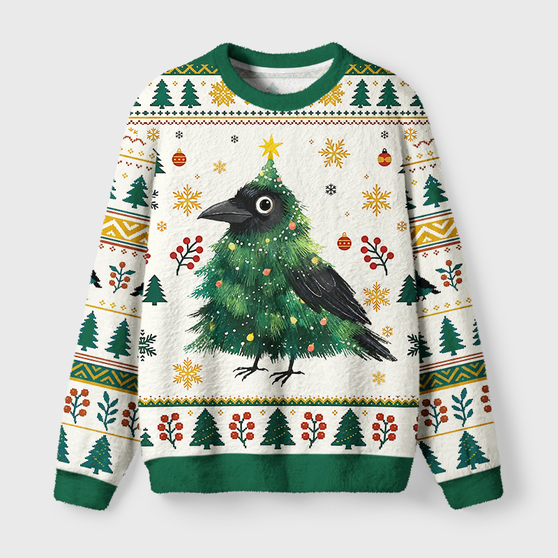 Tokyo-Tiger Cute Christmas Tree Crow Fuzzy Christmas Ugly Sweatshirt