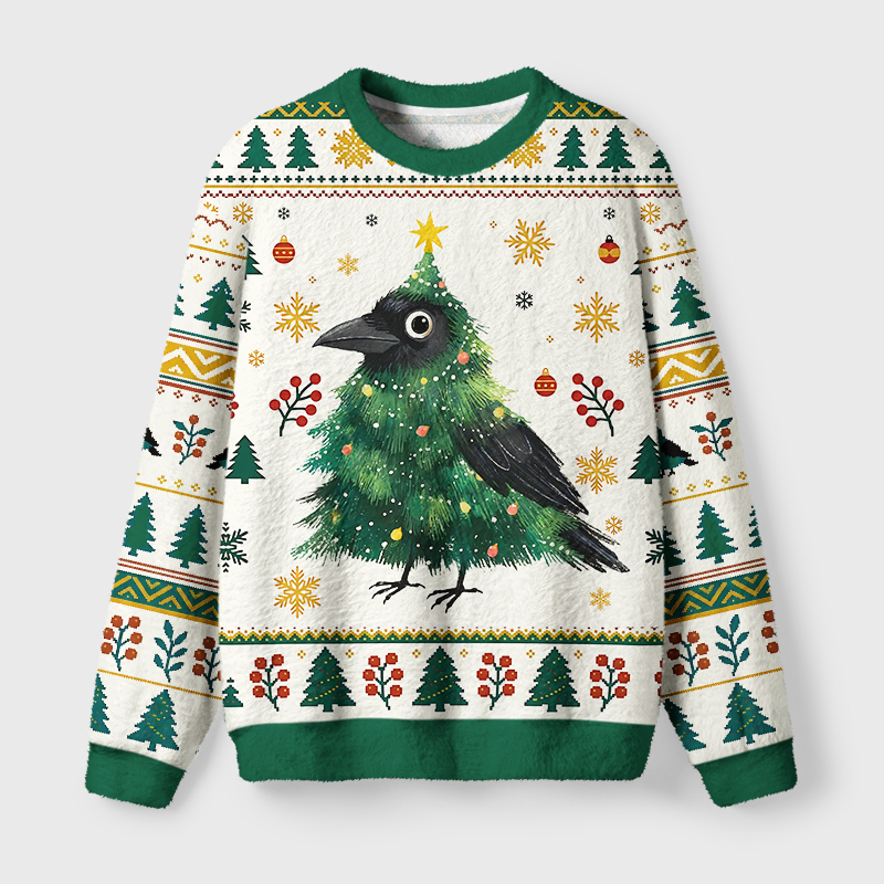 Tokyo-Tiger Cute Christmas Tree Crow Fuzzy Christmas Ugly Sweatshirt