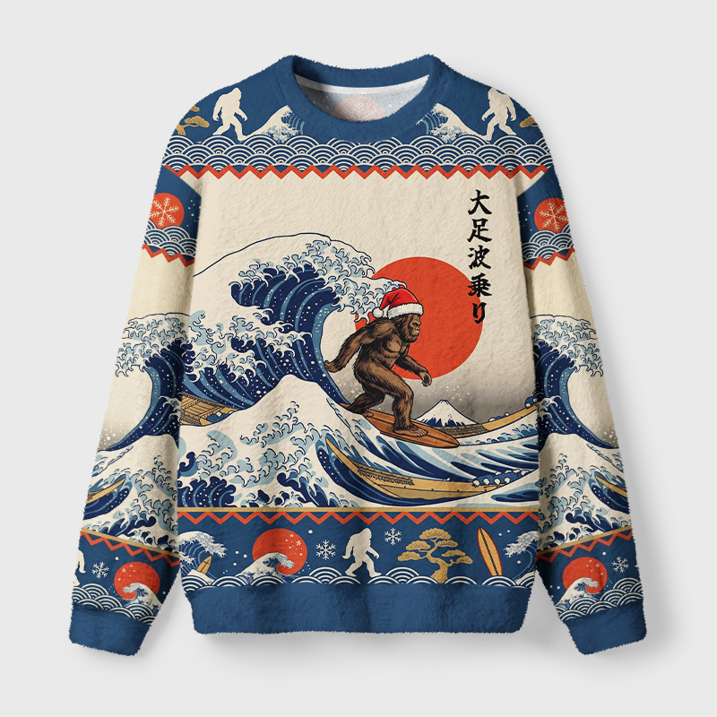 Tokyo-Tiger Japanese Wave Sasquatch Santa Fuzzy Christmas Ugly Sweatshirt