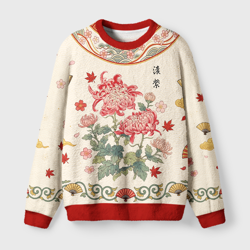 Tokyo-Tiger Vintage Red Chrysanthemum Flower Fuzzy Christmas Ugly Sweatshirt