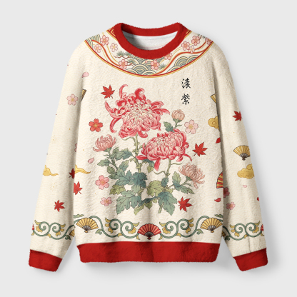 Tokyo-Tiger Vintage Red Chrysanthemum Flower Fuzzy Christmas Ugly Sweatshirt